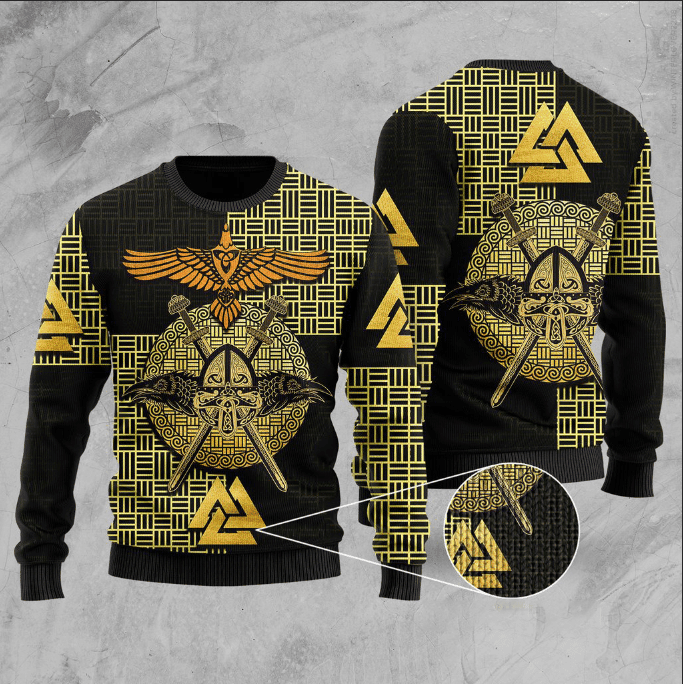Viking Raven Odin Gold Ugly Christmas Sweater Adult 3D Funny Matching for family