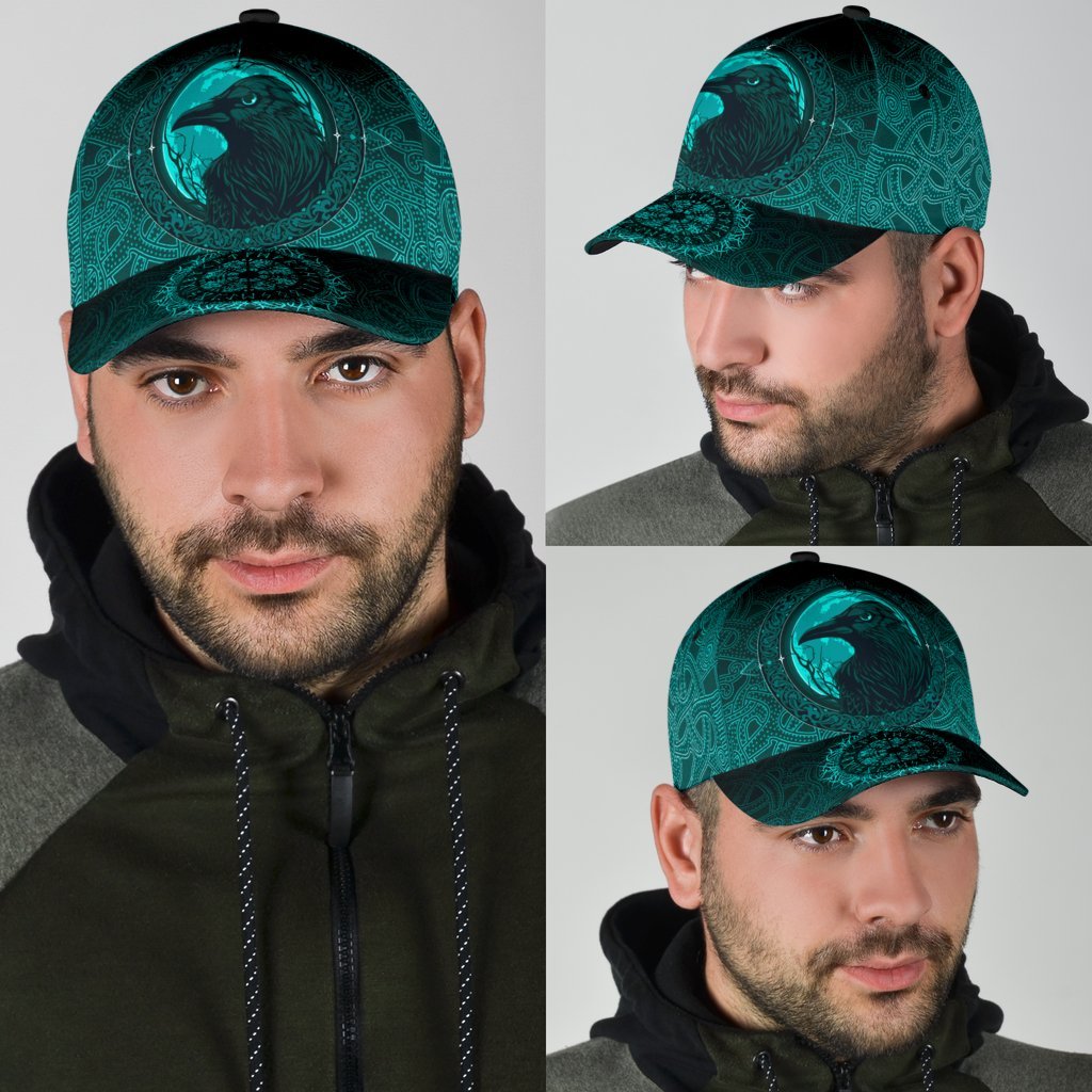 Viking Style Classic Cap 3D Baseball Caps, Ethnic Odin Raven Cyan Trucker Hats Custom Hats Gifts For Men & Women