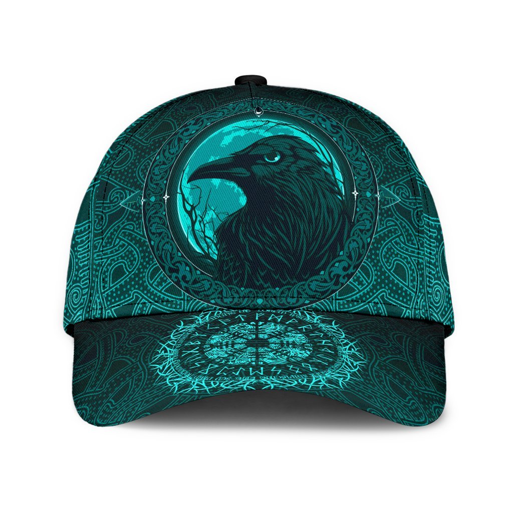 Viking Style Classic Cap 3D Baseball Caps, Ethnic Odin Raven Cyan Trucker Hats Custom Hats Gifts For Men & Women