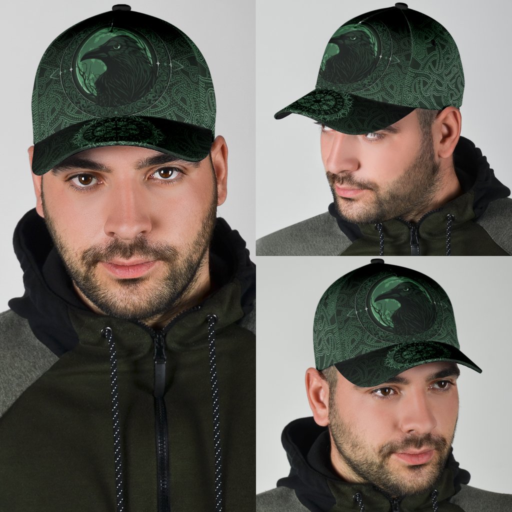 Viking Style Classic Cap 3D Baseball Caps, Ethnic Odin Raven Green Trucker Hats Custom Hats Gifts For Men & Women
