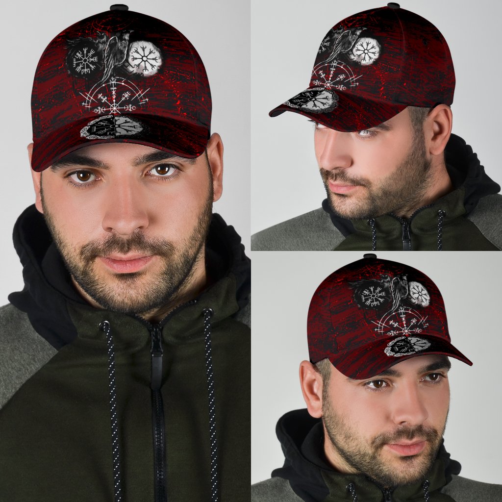 Viking Style - Classic Cap 3D Baseball Caps Raven of Odin and Symbol Viking on Blood Background Trucker Hats Custom Hats Gifts For Men & Women