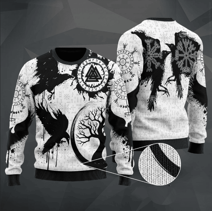 Viking Valknut Huginn and Muninn Ugly Christmas Sweater Adult 3D Funny Matching for family