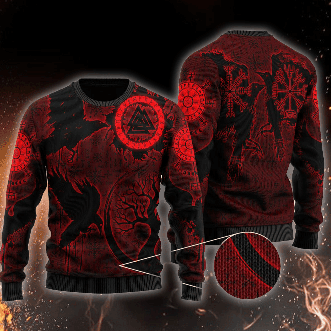 Viking Valknut Huginn and Muninn Ugly Christmas Sweater Adult 3D Funny Matching for family