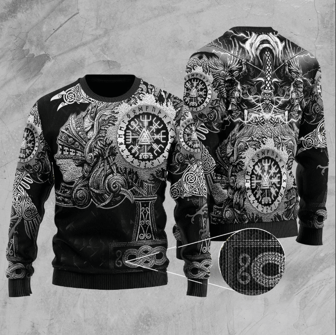 Viking Valkyrie Valknut Vegvisir With Mjolnir Ugly Christmas Sweater Adult 3D Funny Matching for family