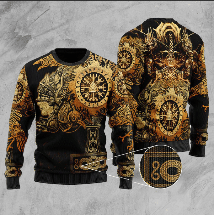 Viking Valkyrie Valknut Vegvisir With Mjolnir Ugly Christmas Sweater Adult 3D Funny Matching for family