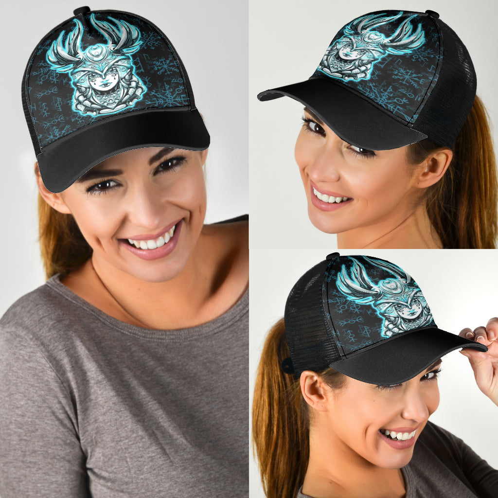 Viking Young Smiling Valkyrie Helmet With Feathers Rune Pattern Cyan Mesh Back Cap Trucker Hats Custom Hats Gifts For Men & Women
