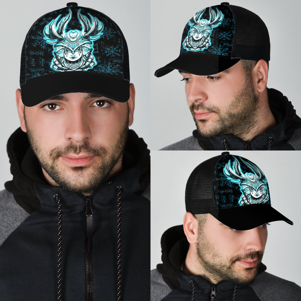 Viking Young Smiling Valkyrie Helmet With Feathers Rune Pattern Cyan Mesh Back Cap Trucker Hats Custom Hats Gifts For Men & Women
