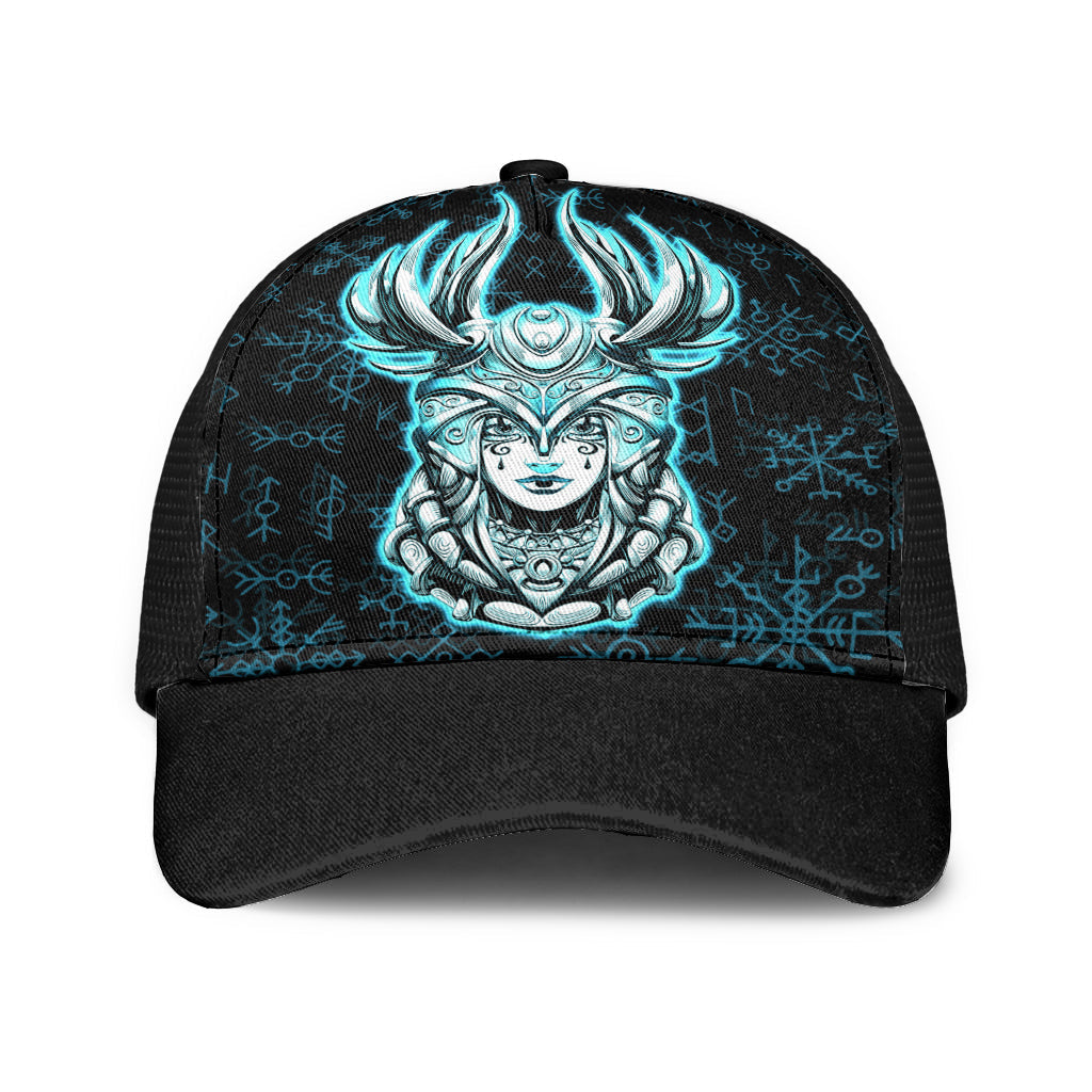 Viking Young Smiling Valkyrie Helmet With Feathers Rune Pattern Cyan Mesh Back Cap Trucker Hats Custom Hats Gifts For Men & Women