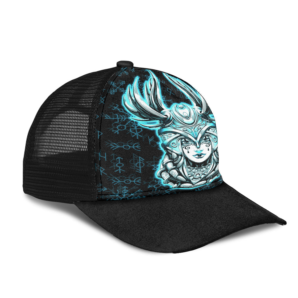 Viking Young Smiling Valkyrie Helmet With Feathers Rune Pattern Cyan Mesh Back Cap