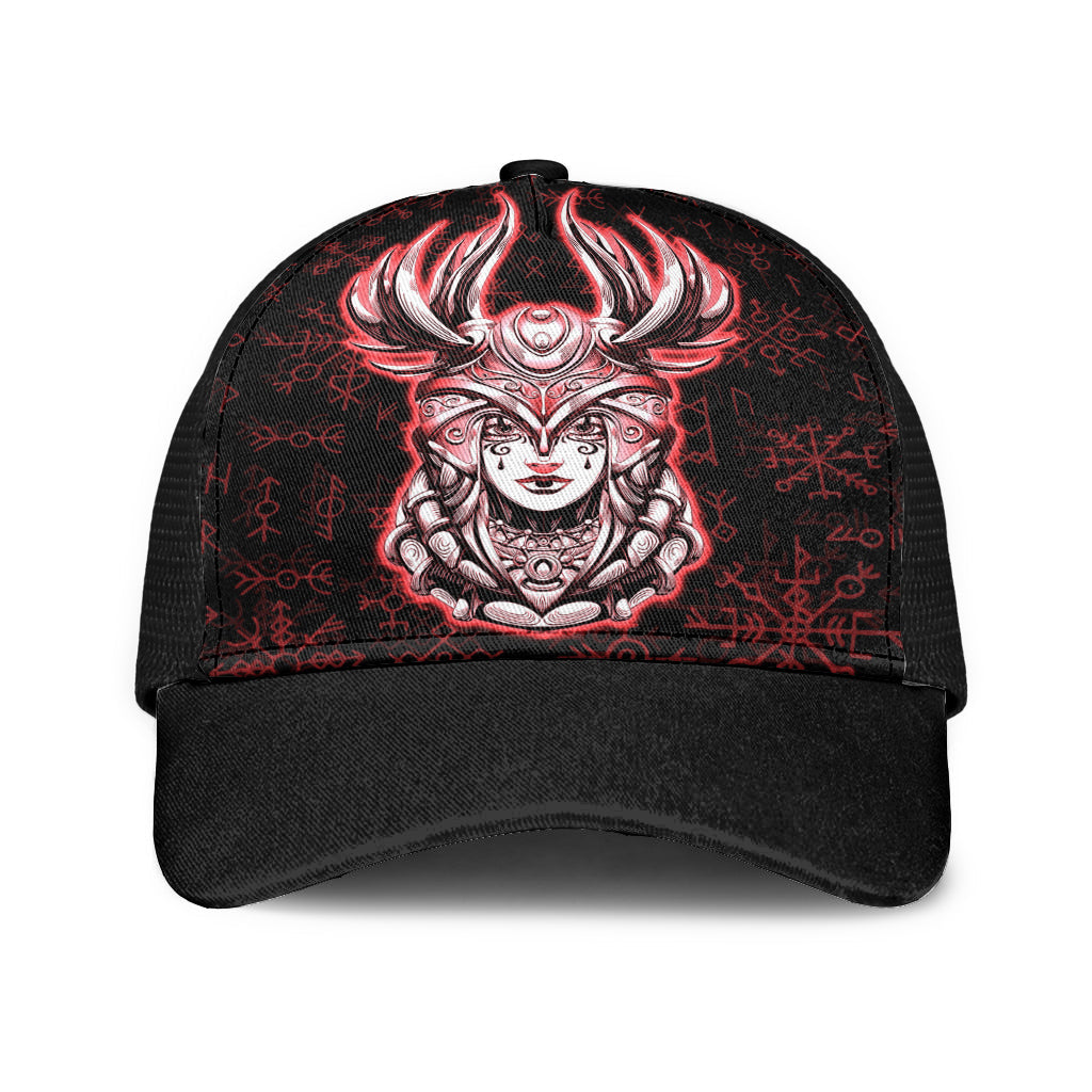 Viking Young Smiling Valkyrie Helmet With Feathers Rune Pattern Red Mesh Back Cap Trucker Hats Custom Hats Gifts For Men & Women