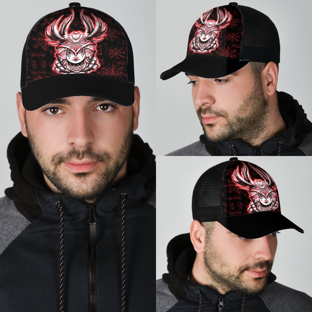 Viking Young Smiling Valkyrie Helmet With Feathers Rune Pattern Red Mesh Back Cap Trucker Hats Custom Hats Gifts For Men & Women