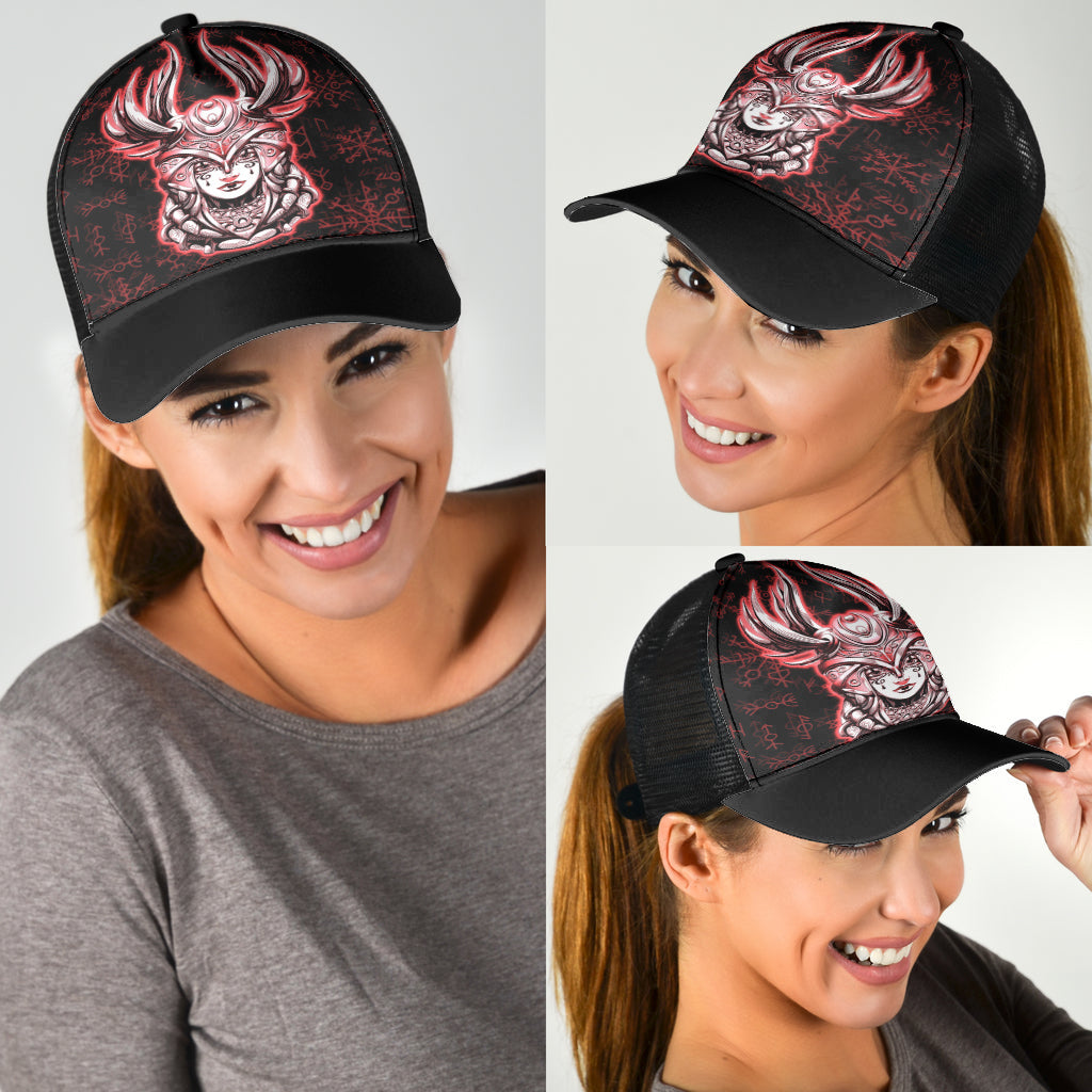 Viking Young Smiling Valkyrie Helmet With Feathers Rune Pattern Red Mesh Back Cap Trucker Hats Custom Hats Gifts For Men & Women