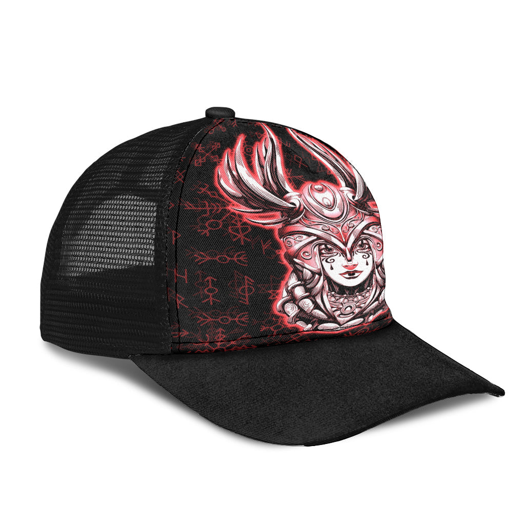 Viking Young Smiling Valkyrie Helmet With Feathers Rune Pattern Red Mesh Back Cap Trucker Hats Custom Hats Gifts For Men & Women