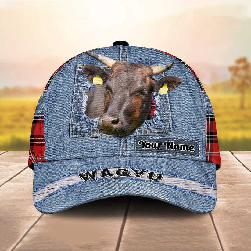 Wagyu Overall Jeans Pattern And Red Caro Pattern Customized Name Cap Trucker Hats Custom Hats Gifts For Men & Women