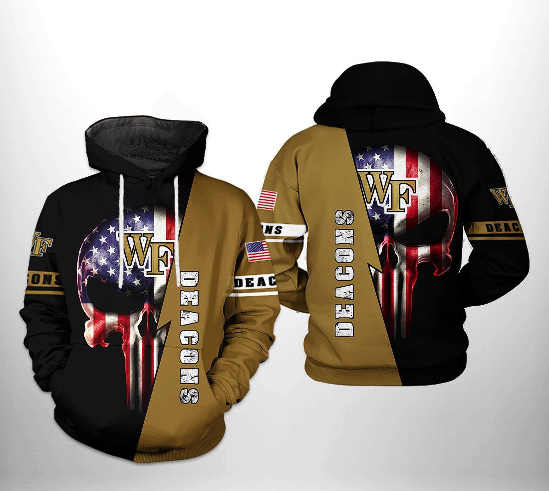 Wake Forest Demon Deacons NCAA US Flag Skull 3D All Over Print Hoodie, Zip Hoodie