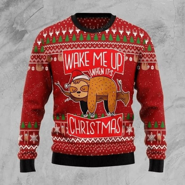 Wake Me Up When Christmas Lazy Sloth Ugly Christmas Sweater Adult 3D Funny Matching for family
