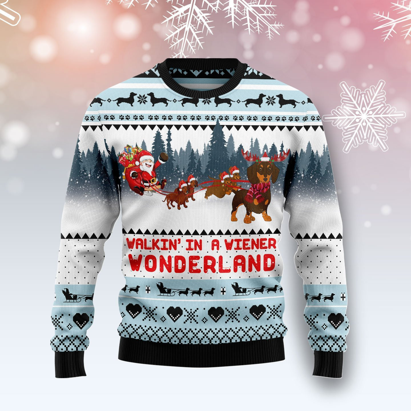 Walkin In A Weiner Wonderland Dachshund Lover Ugly Christmas Sweater Adult 3D Funny Matching for family