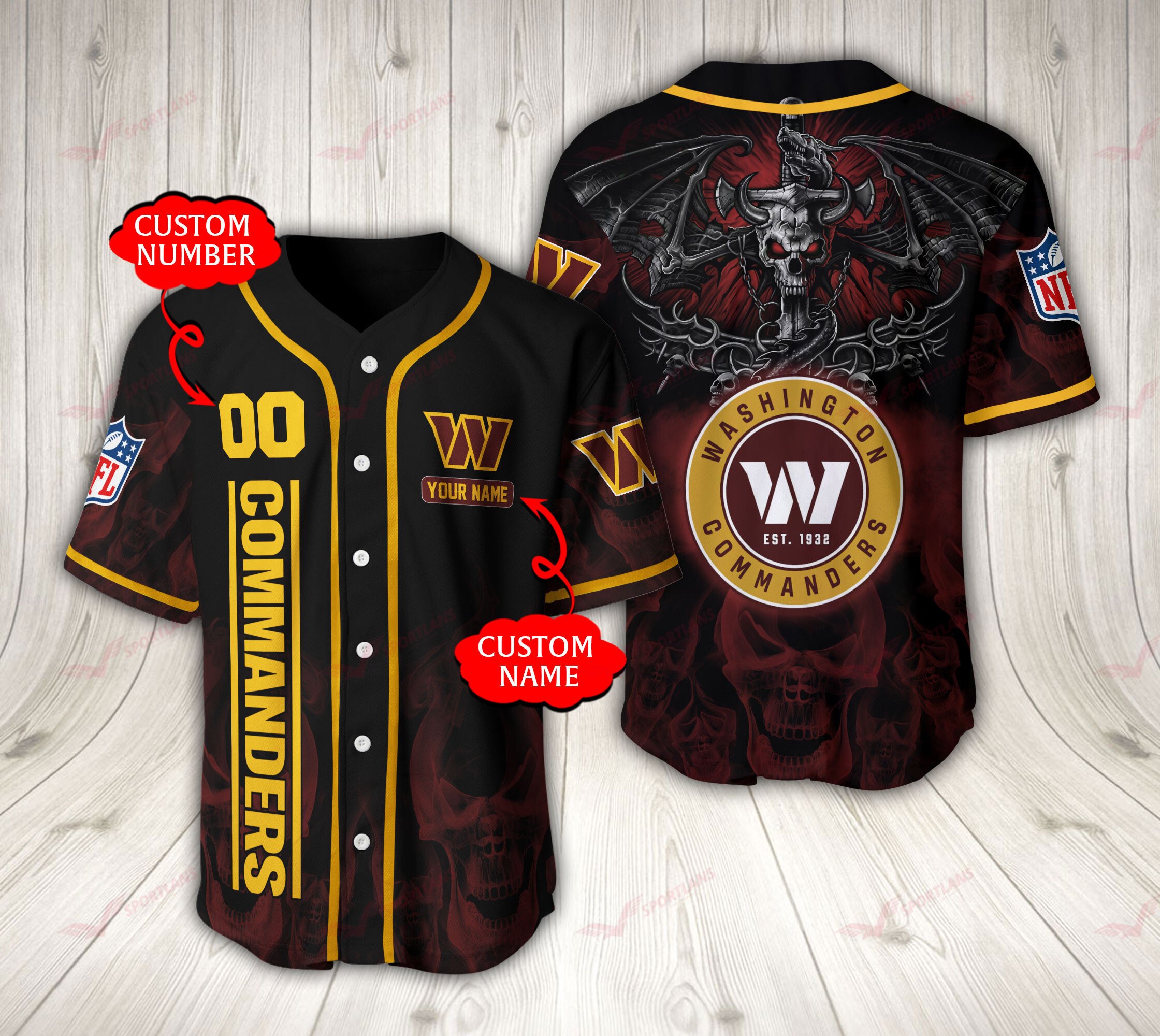Washington Commanders Flaming Skull NLF Baseball Jersey Personalized For Fan
