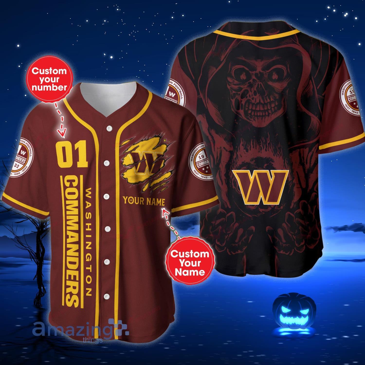 Washington Commanders NLF Skull Print Personalized And Number Baseball Jersey Shirt