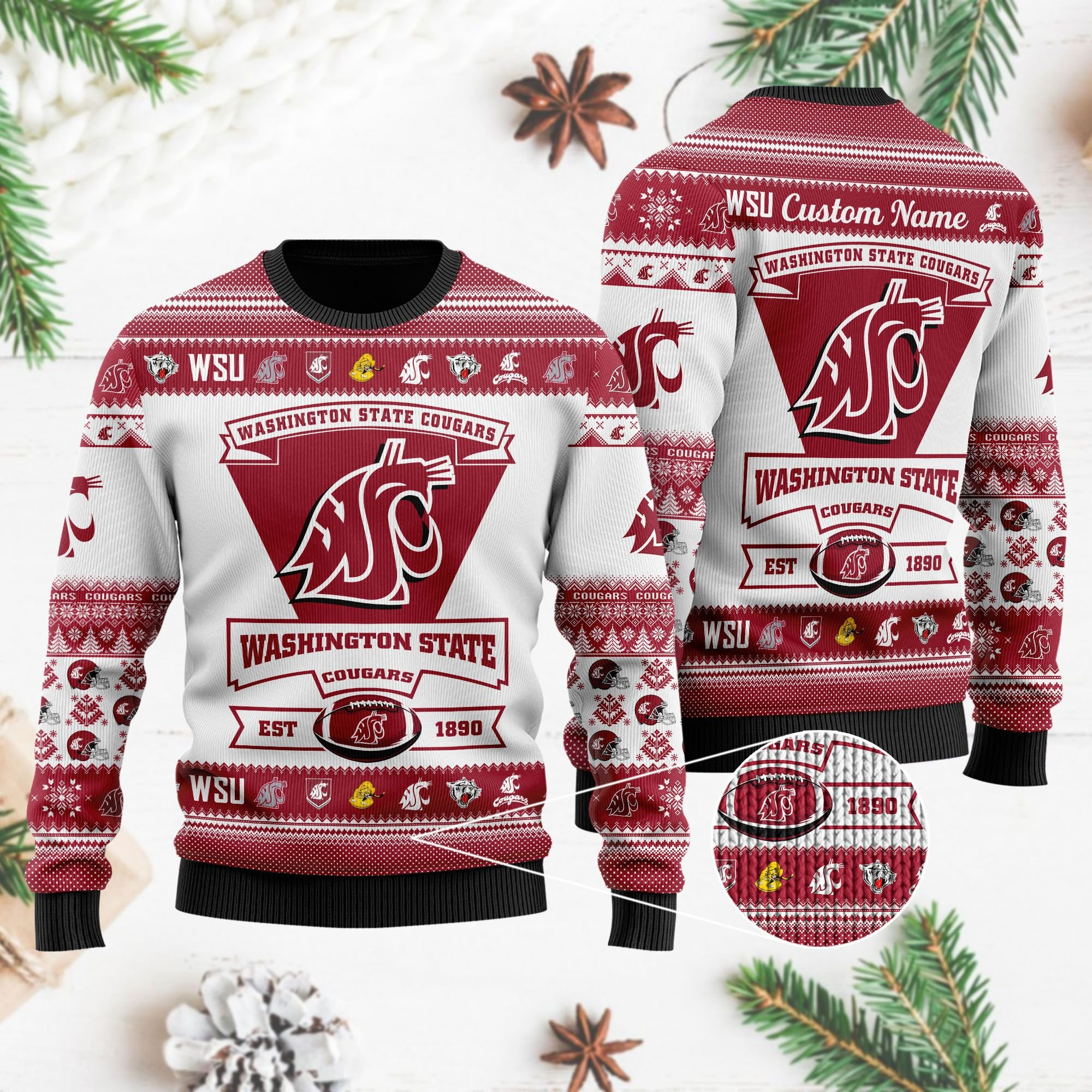 Washington State Cougars Football Team Logo Personalized Ugly Christmas Sweater Adult 3D Funny Matching for family - Image 4