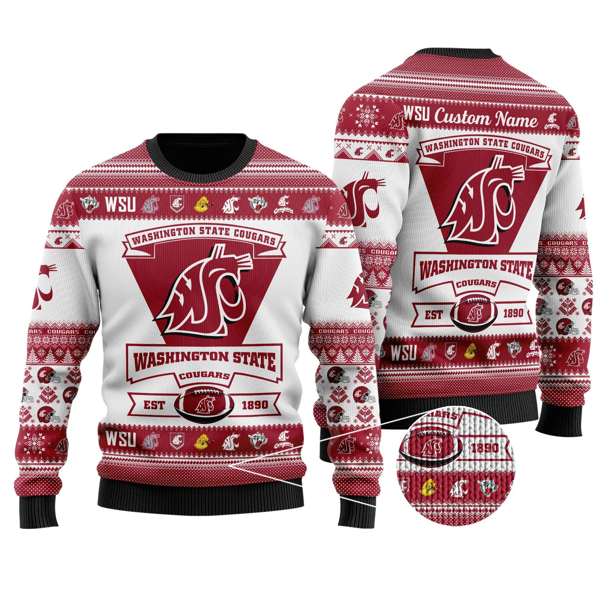 Washington State Cougars Football Team Logo Personalized Ugly Christmas Sweater Adult 3D Funny Matching for family