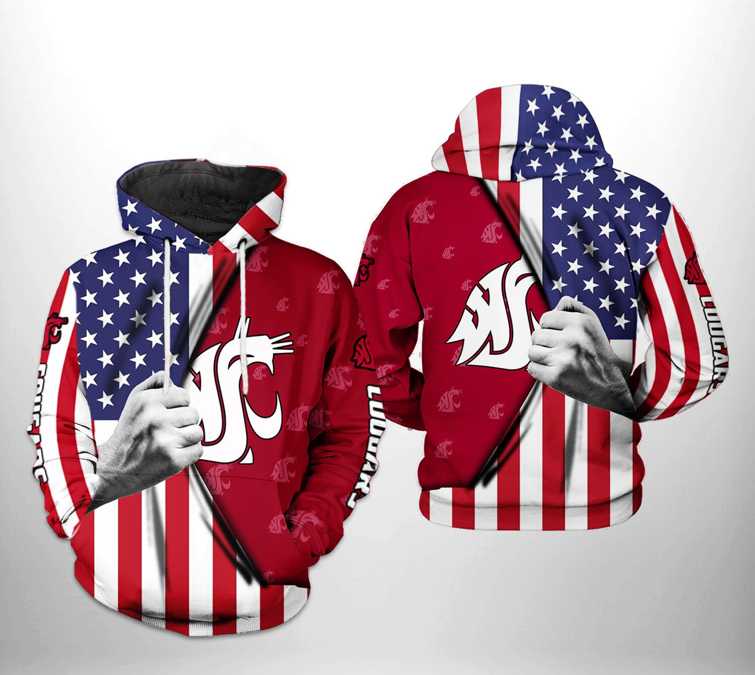 Washington State Cougars NCAA US Flag 3D All Over Print Hoodie, Zip Hoodie