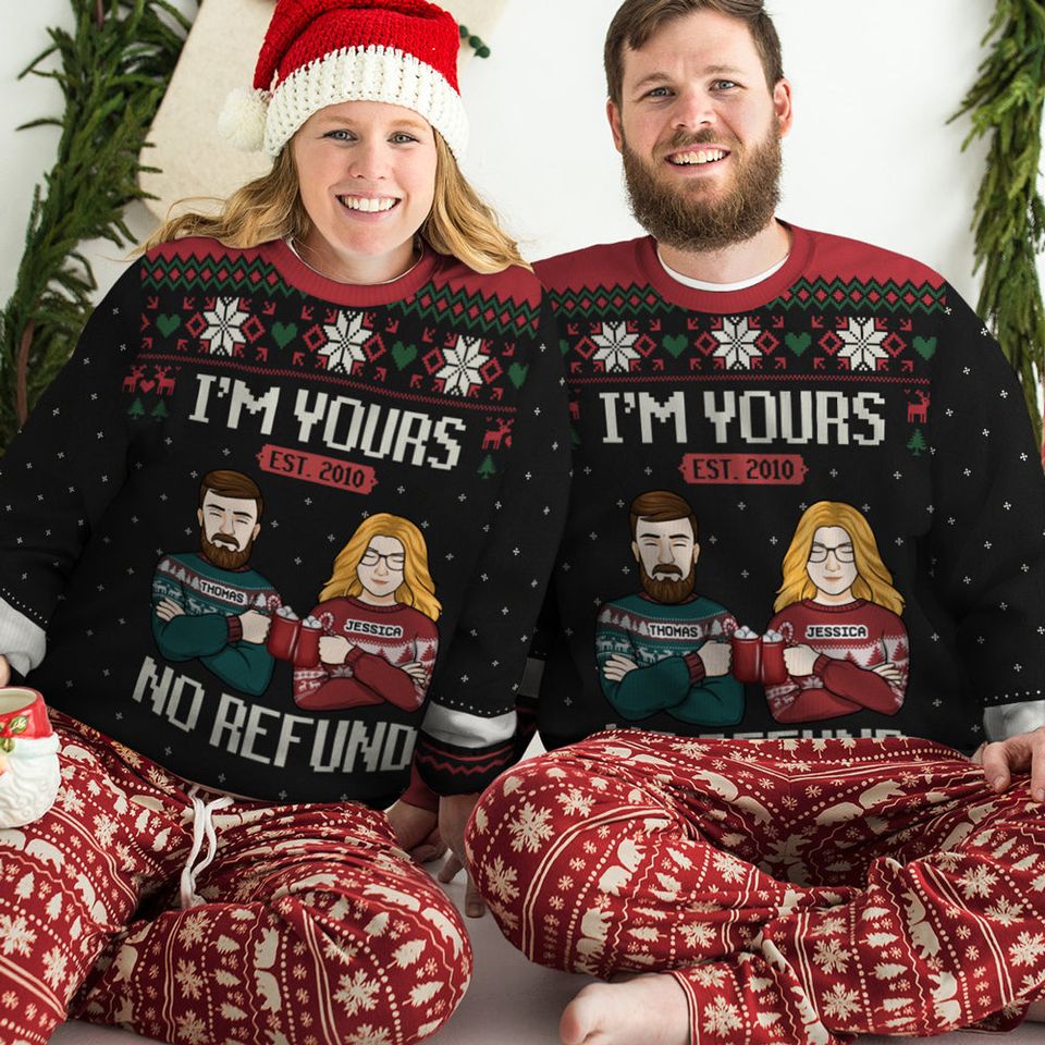 We Belong To Each Other, No Refund - Personalized Custom Unisex Ugly Christmas Sweatshirt - Gift For Couple, Husband Wife, Anniversary, Engagement, Wedding, Marriage Gift - Image 2