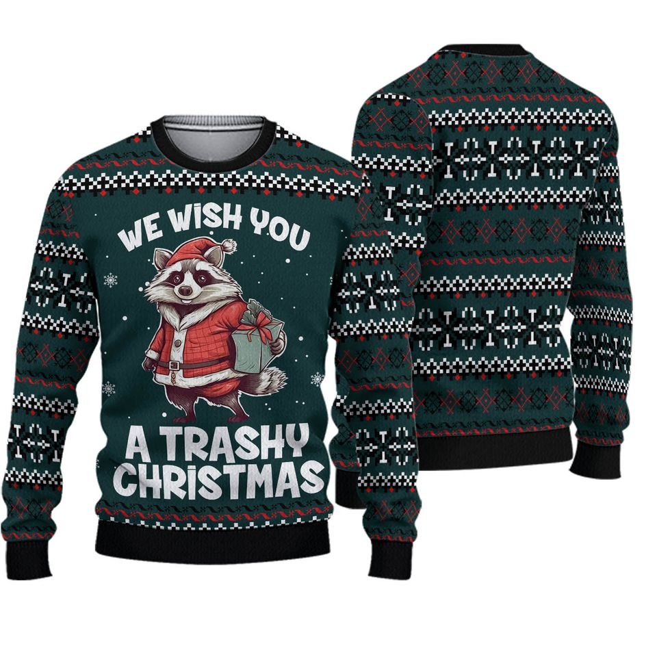 We Wish You A Trashy Christmas Ugly Sweater, Funny Raccoon Ugly Sweater