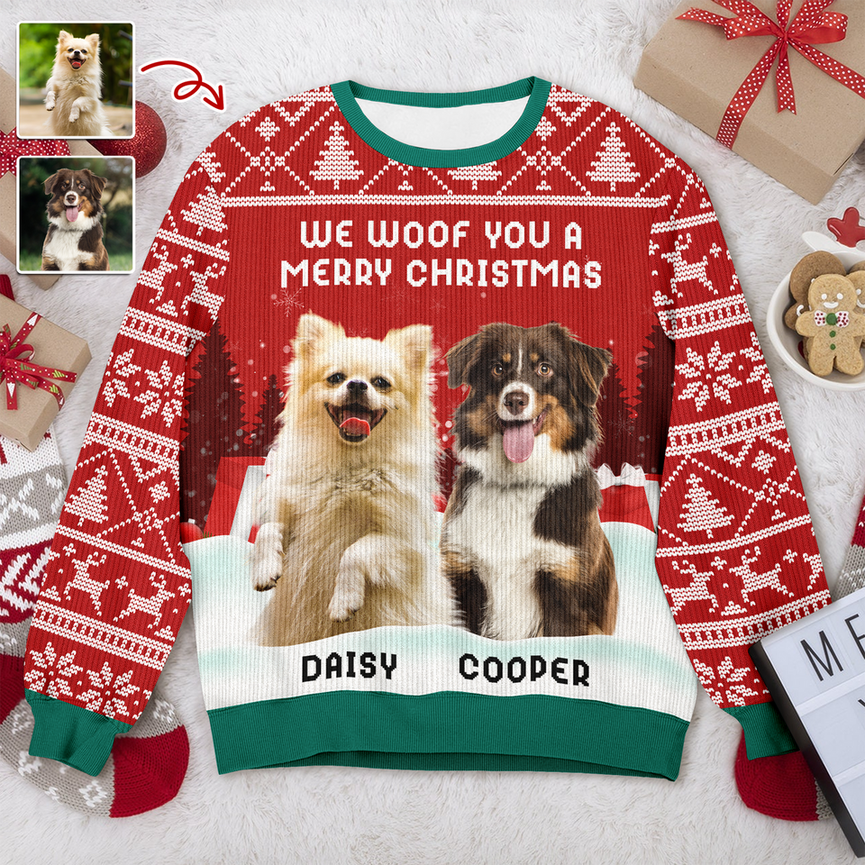 We Woof You A Merry Christmas Custom Dog Photo Ugly Sweater