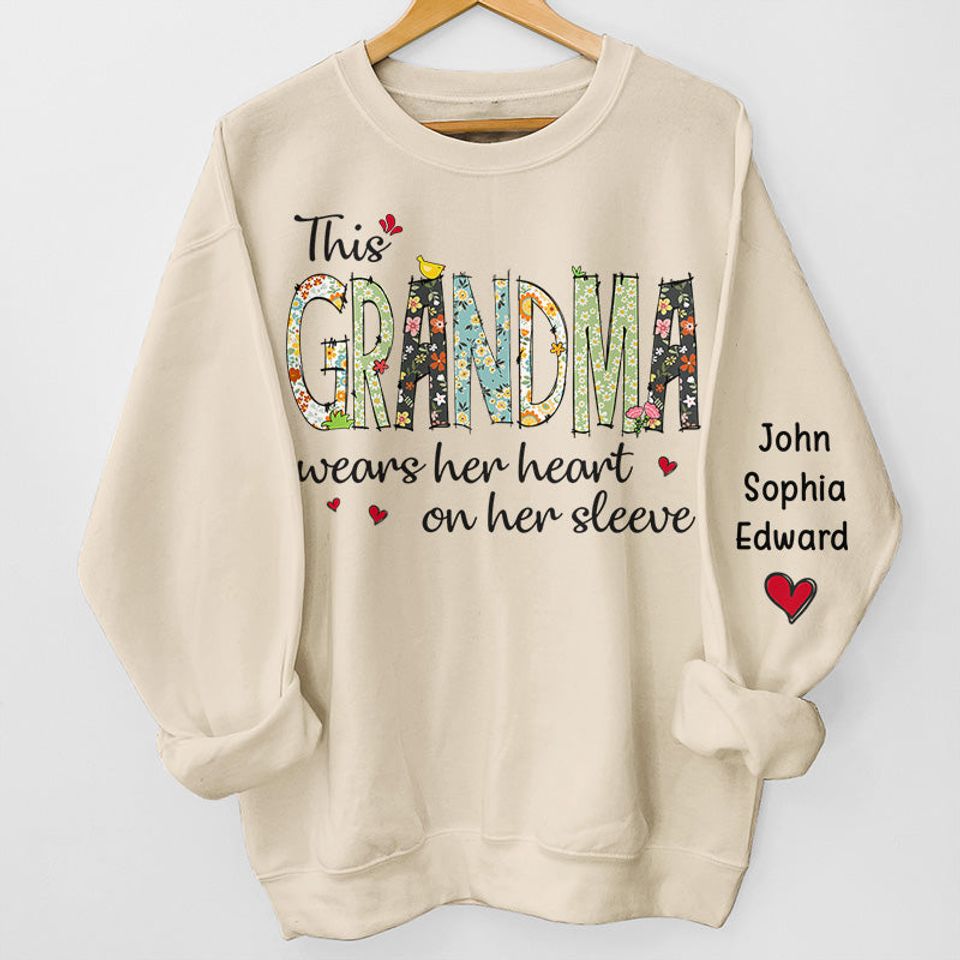 Wears Her Heart On Her Sleeve - Family Personalized Sweatshirt With Design On Sleeve - Gift For Mom, Grandma