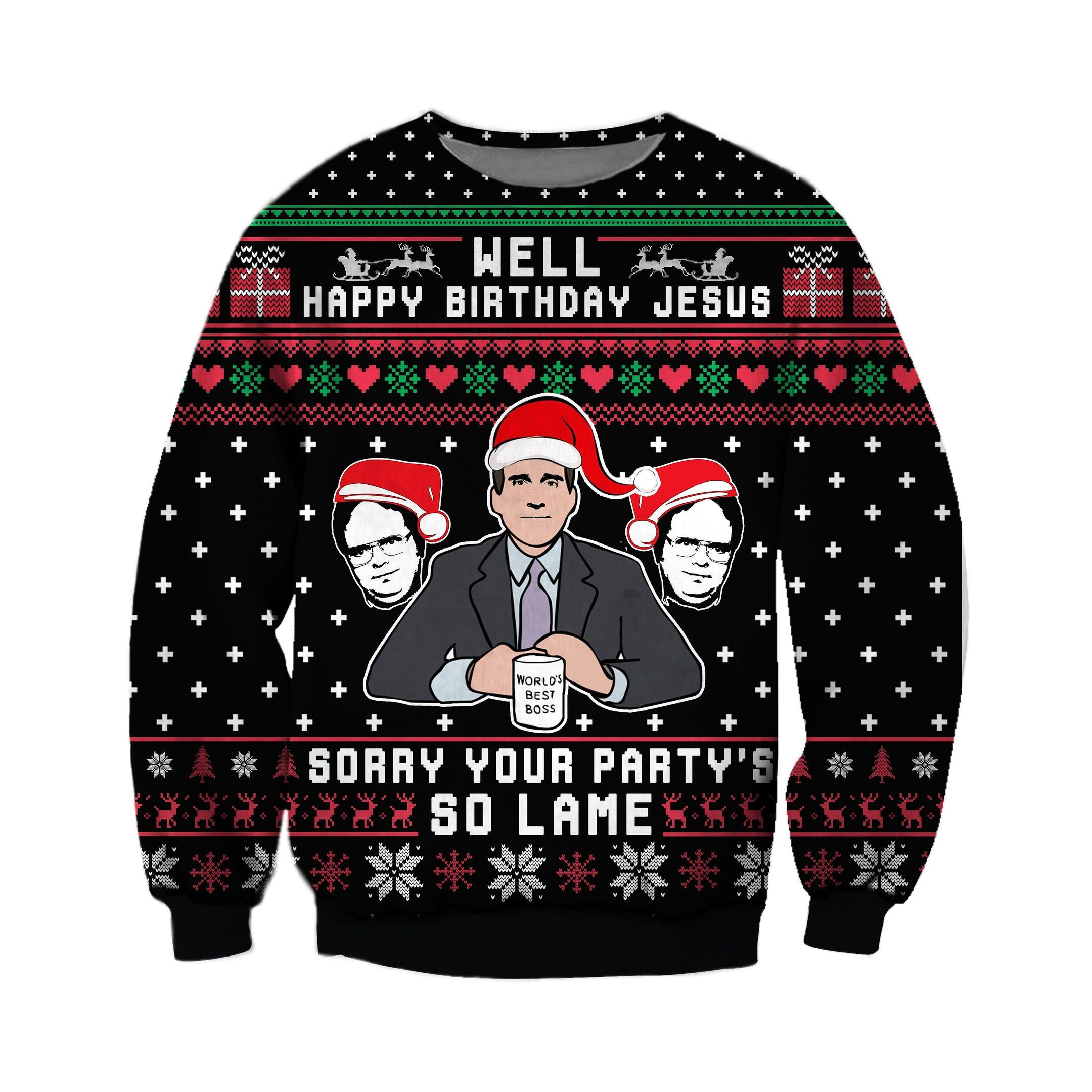 Well Happy Birthday Jesus ,Your Party'S So Lame Knitting Pattern The Office For Unisex Ugly Christmas Sweater Adult 3D Funny Matching for family