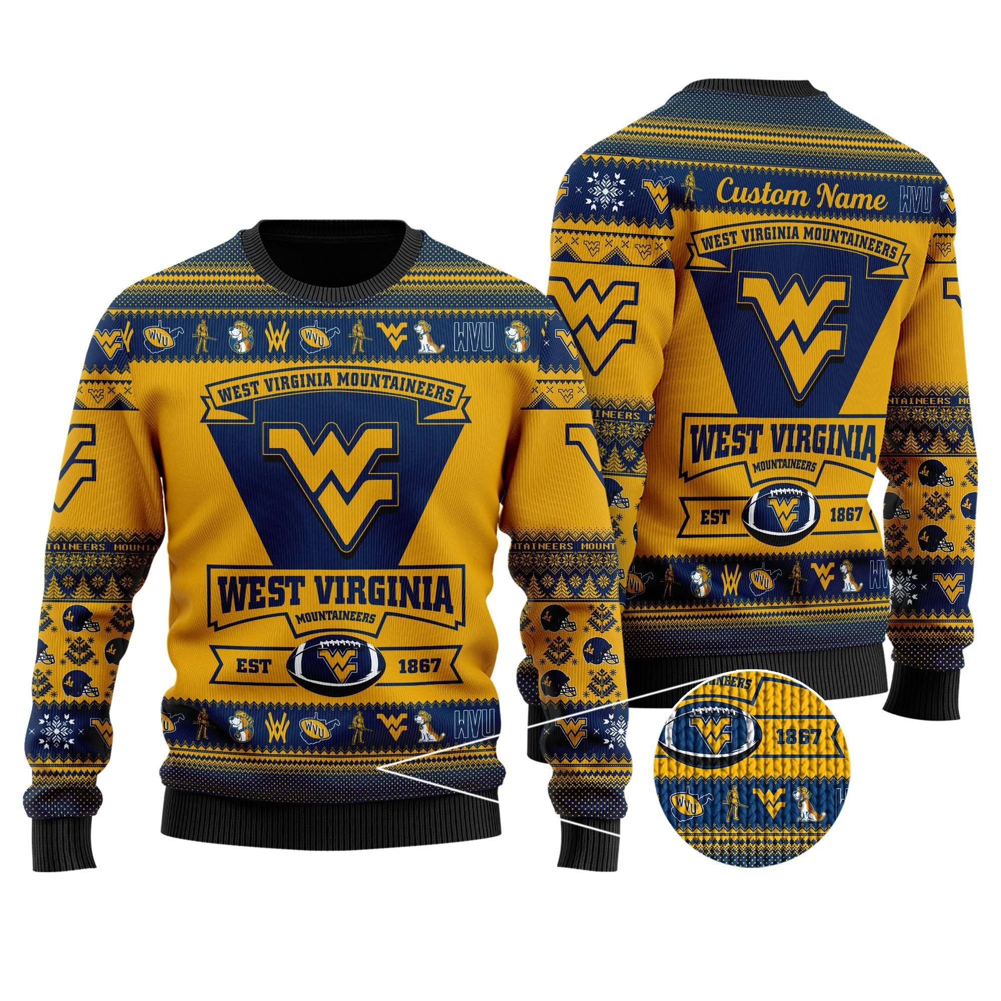 West Virginia Mountaineers Football Team Logo Personalized Ugly Christmas Sweater Adult 3D Funny Matching for family