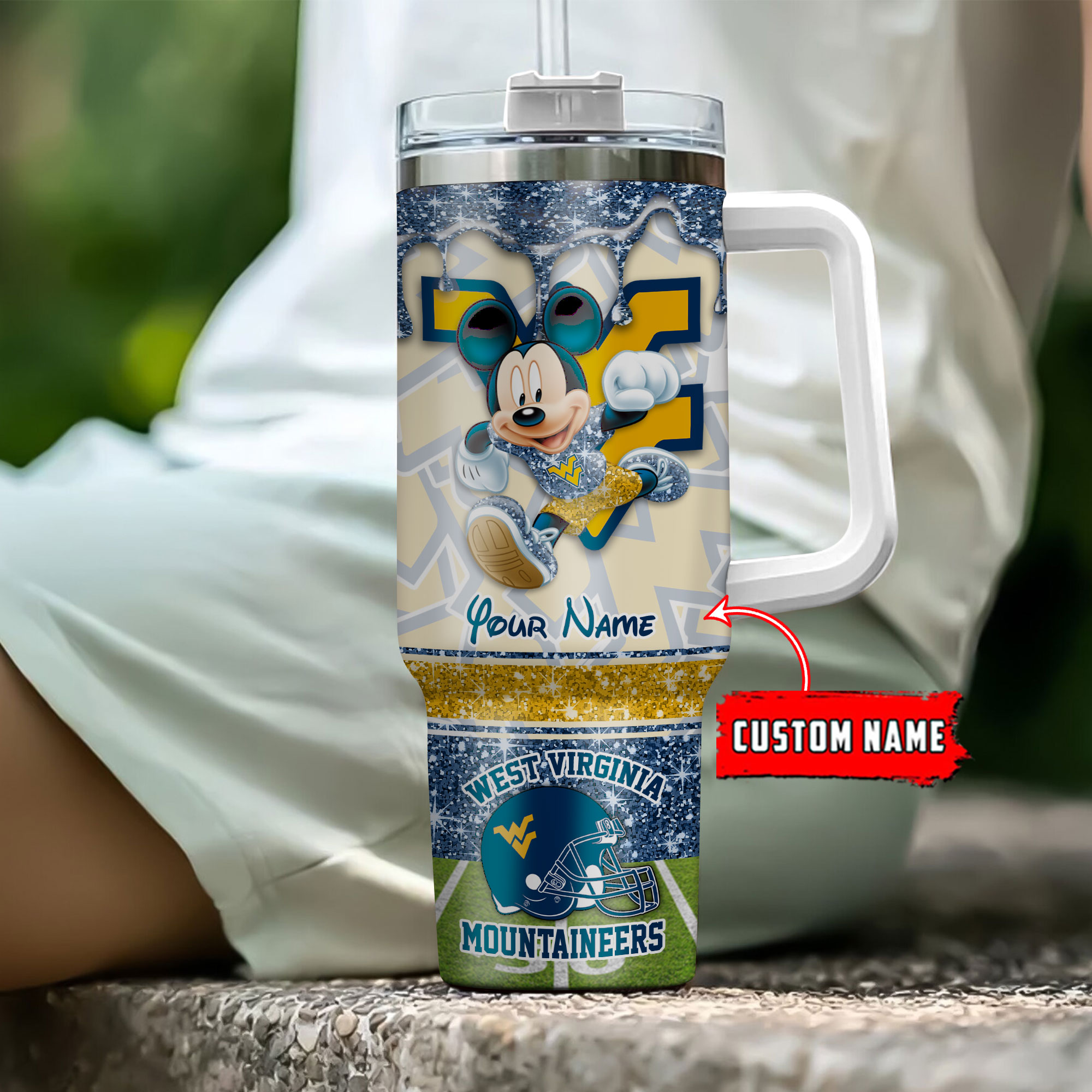 West Virginia Mountaineers NCAA Mickey Mouse Glitter Custom Stanley Cup 40 oz 30 oz Tumbler With HandleTVC230125 - Image 4