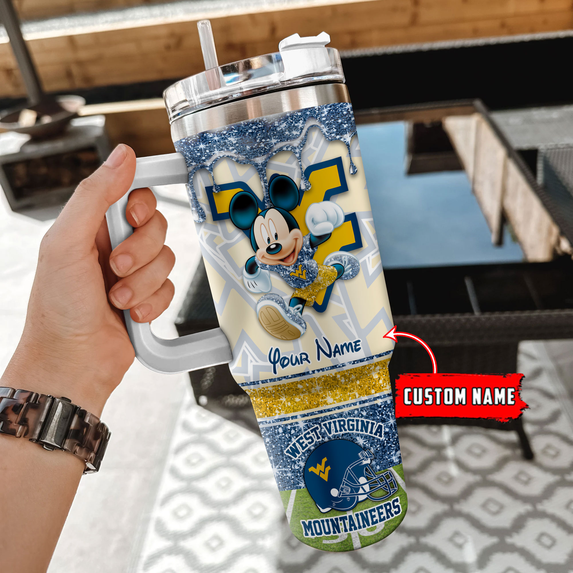 West Virginia Mountaineers NCAA Mickey Mouse Glitter Custom Stanley Cup 40 oz 30 oz Tumbler With HandleTVC230125 - Image 2