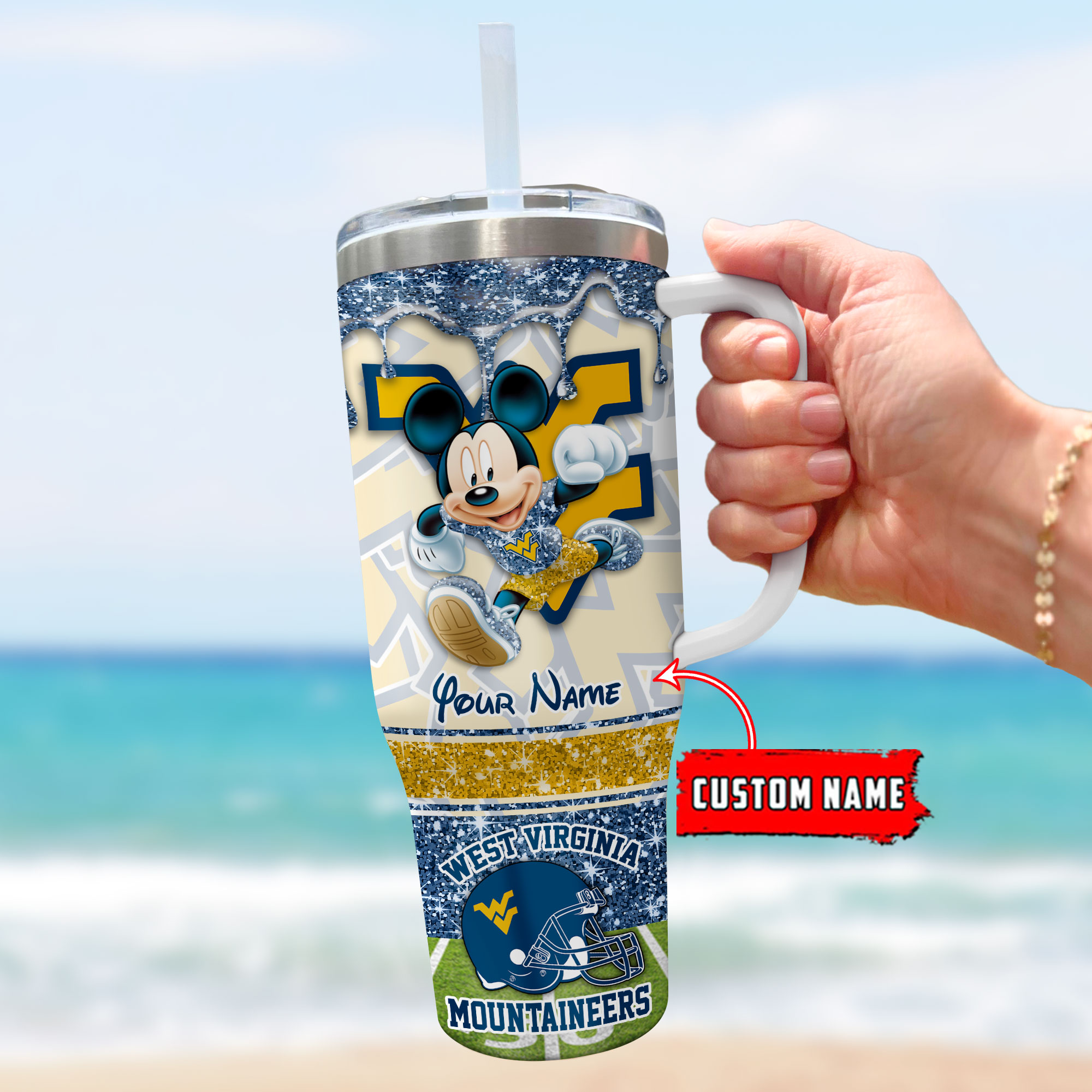 West Virginia Mountaineers NCAA Mickey Mouse Glitter Custom Stanley Cup 40 oz 30 oz Tumbler With HandleTVC230125 - Image 3