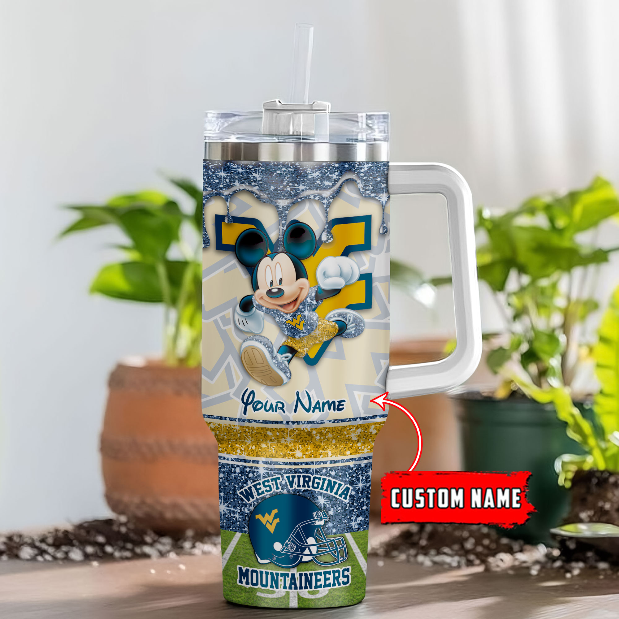 West Virginia Mountaineers NCAA Mickey Mouse Glitter Custom Stanley Cup 40 oz 30 oz Tumbler With HandleTVC230125