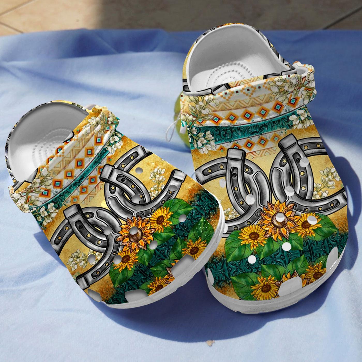 Western Horseshoe Sunflowers Crocs Crocband Clogs Shoes Comfortable For Men Women and Kids
