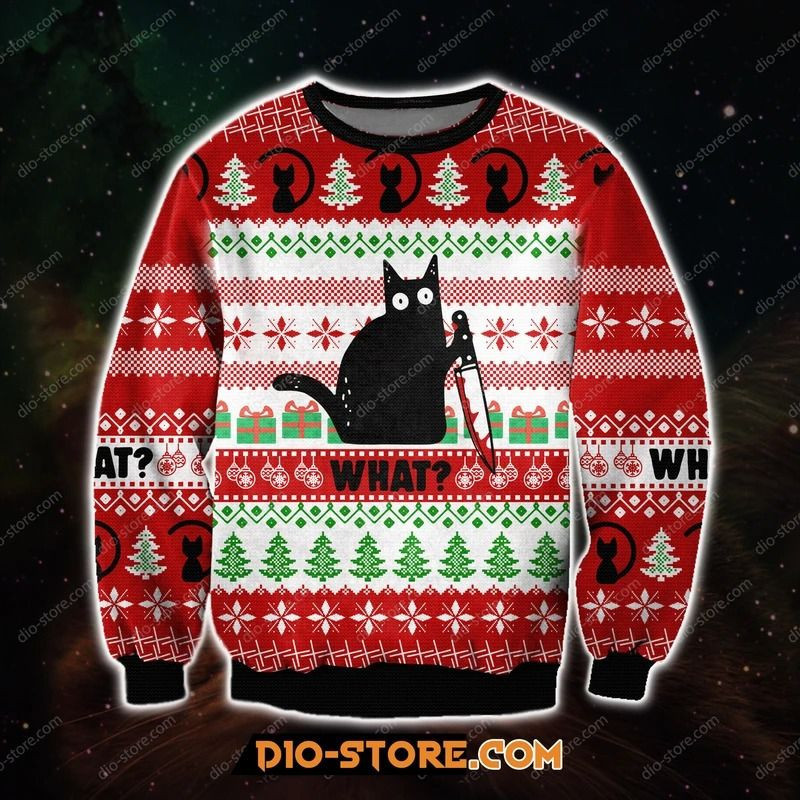 What Black Cat Ugly Christmas Sweater Adult 3D Funny Matching for family