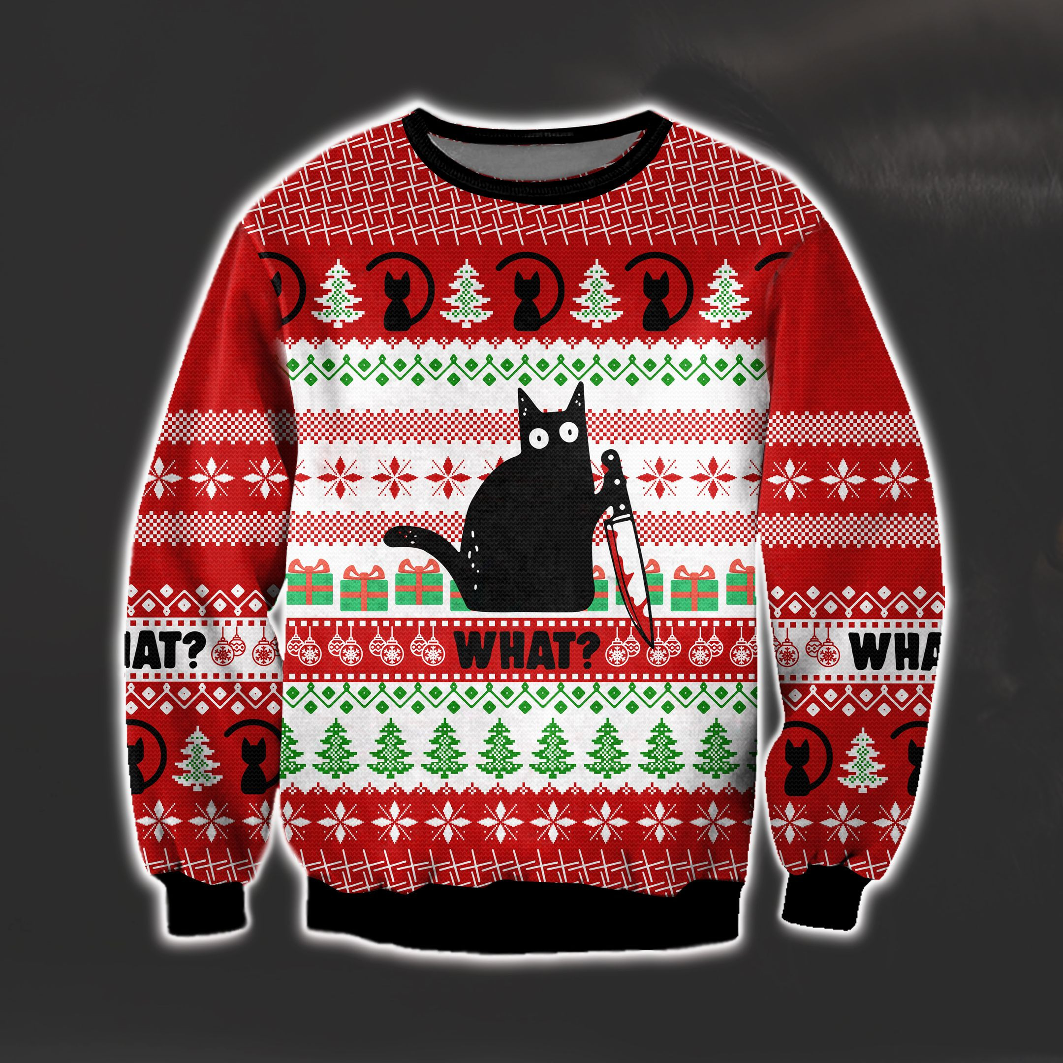 What? Black Cat Ugly Christmas Sweater Adult 3D Funny Matching for family
