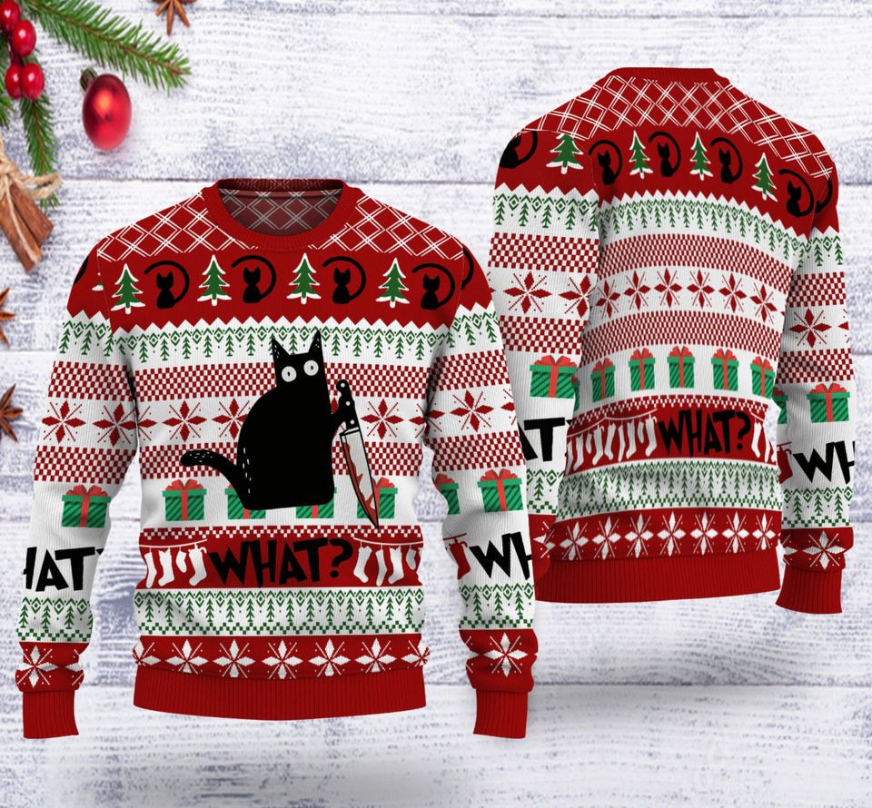 What ??? Funny Black Cat What Ugly Christmas 3D Sweater