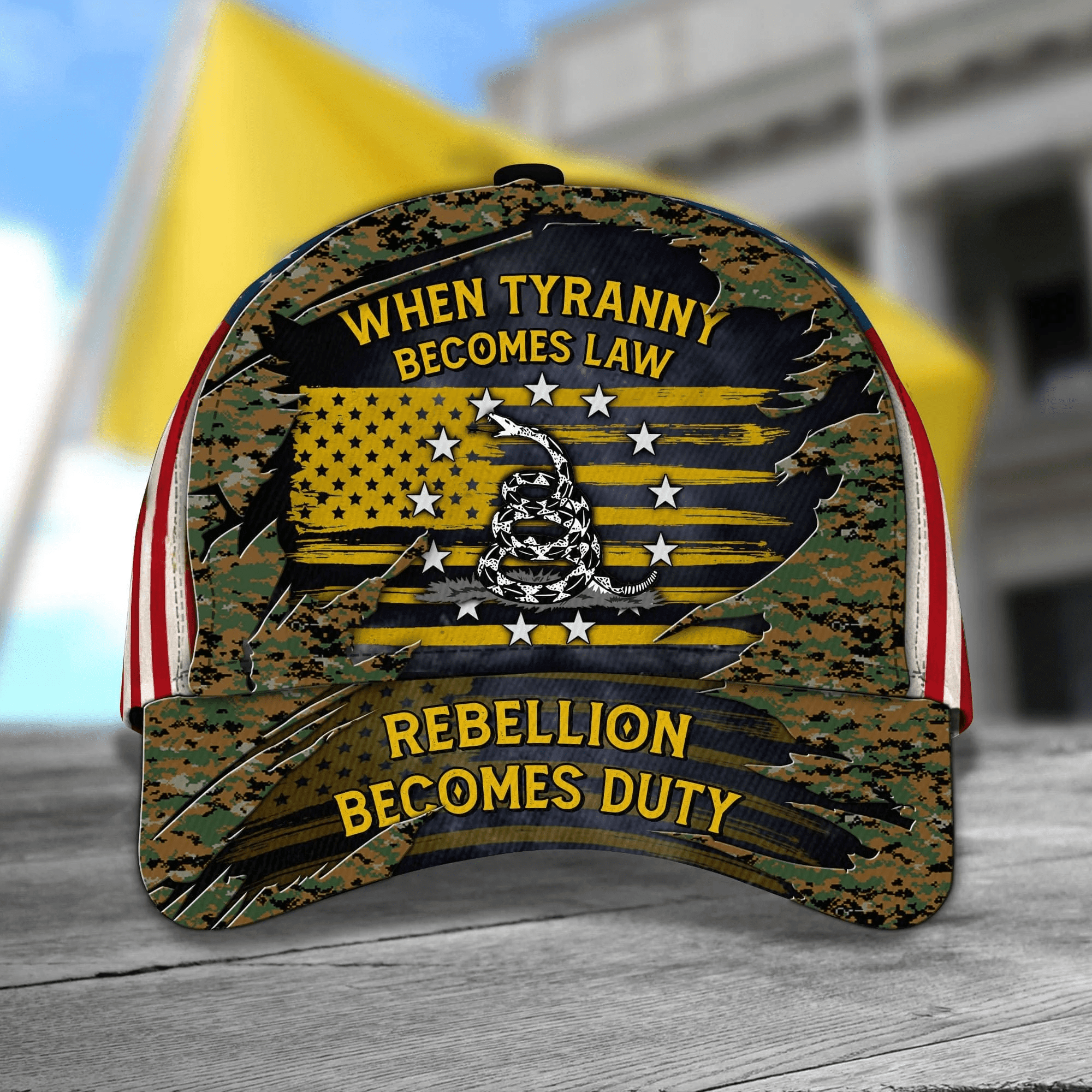 When Tyranny Becomes Law Rebellion Becomes Duty U.S Marine Corps Veteran Camo Cap Trucker Hats Custom Hats Gifts For Men & Women