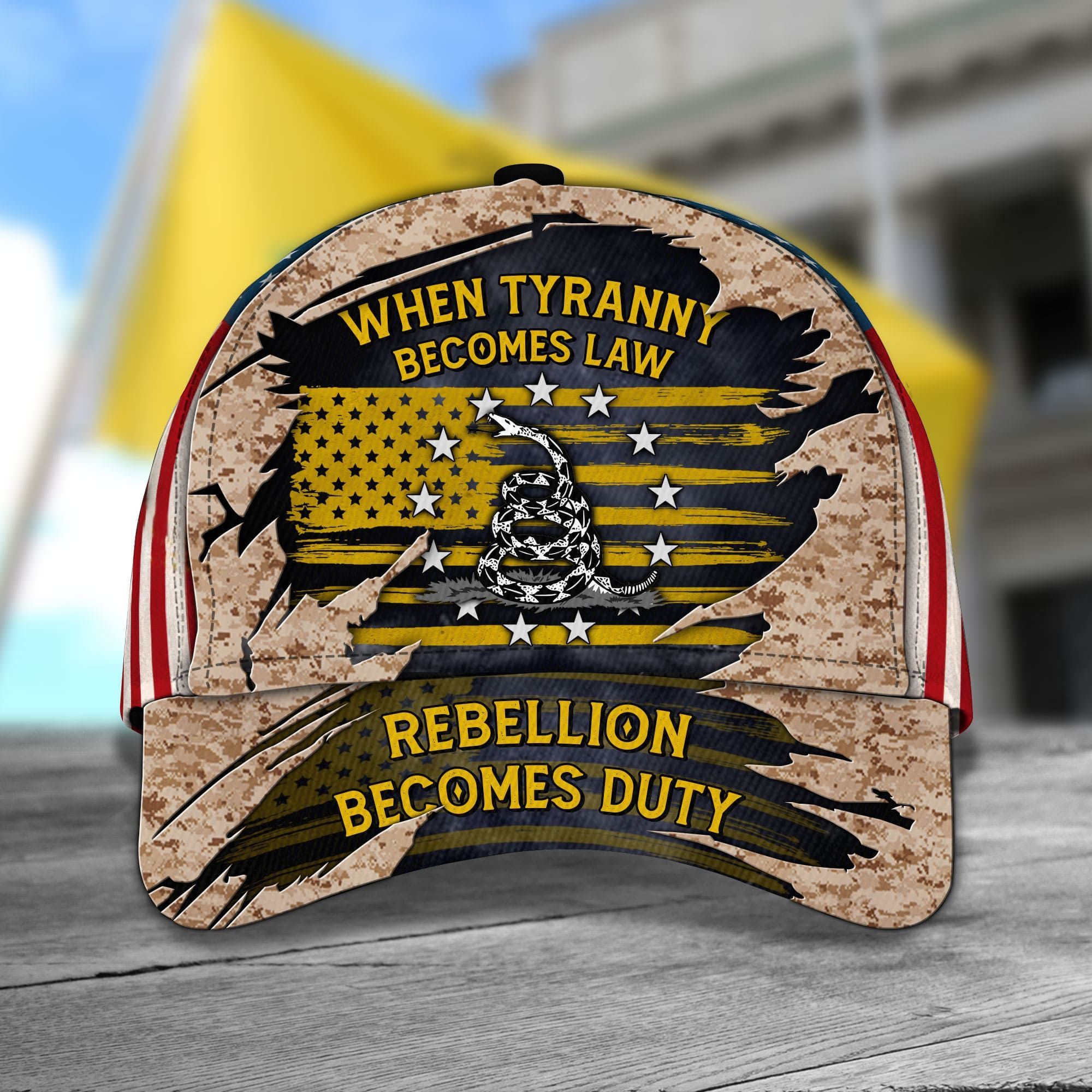 When Tyranny Becomes Law Rebellion Becomes Duty U.S Marine Corps Veteran Camo Cap Trucker Hats Custom Hats Gifts For Men & Women