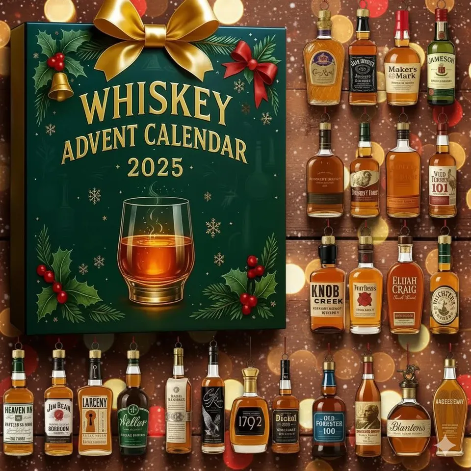 Whiskey Advent Calendar 2025: 24 Acrylic Whiskey Bottle Ornaments - Christmas Gift Decor