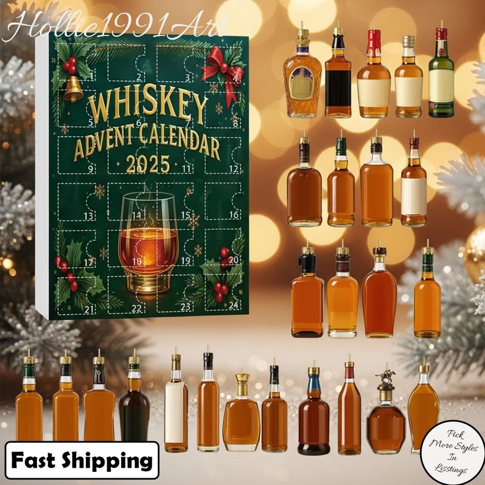 Whiskey Advent Calendar 2025, Christmas Countdown Whiskey LoversCalendar Acrylic  2D Flat Holiday Bar Decor