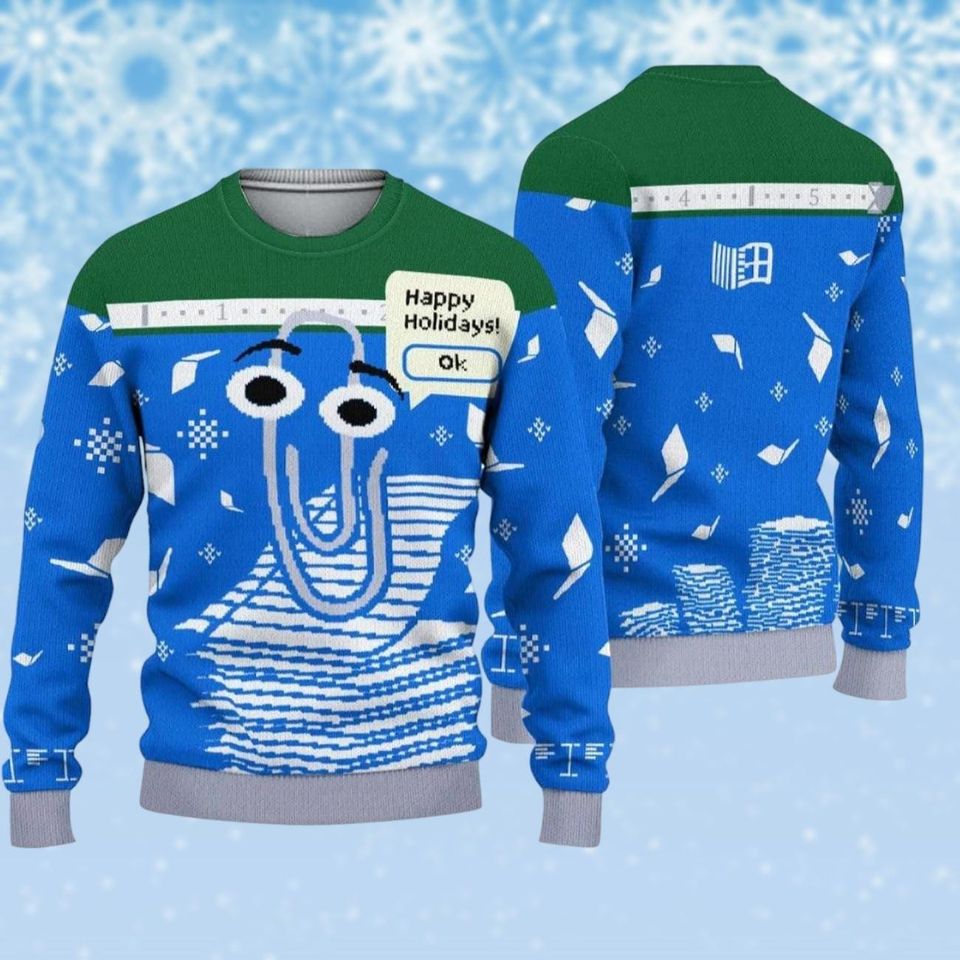 Windows Christmas Ugly Sweater, Clippy Happy Holidays Xmas Sweater