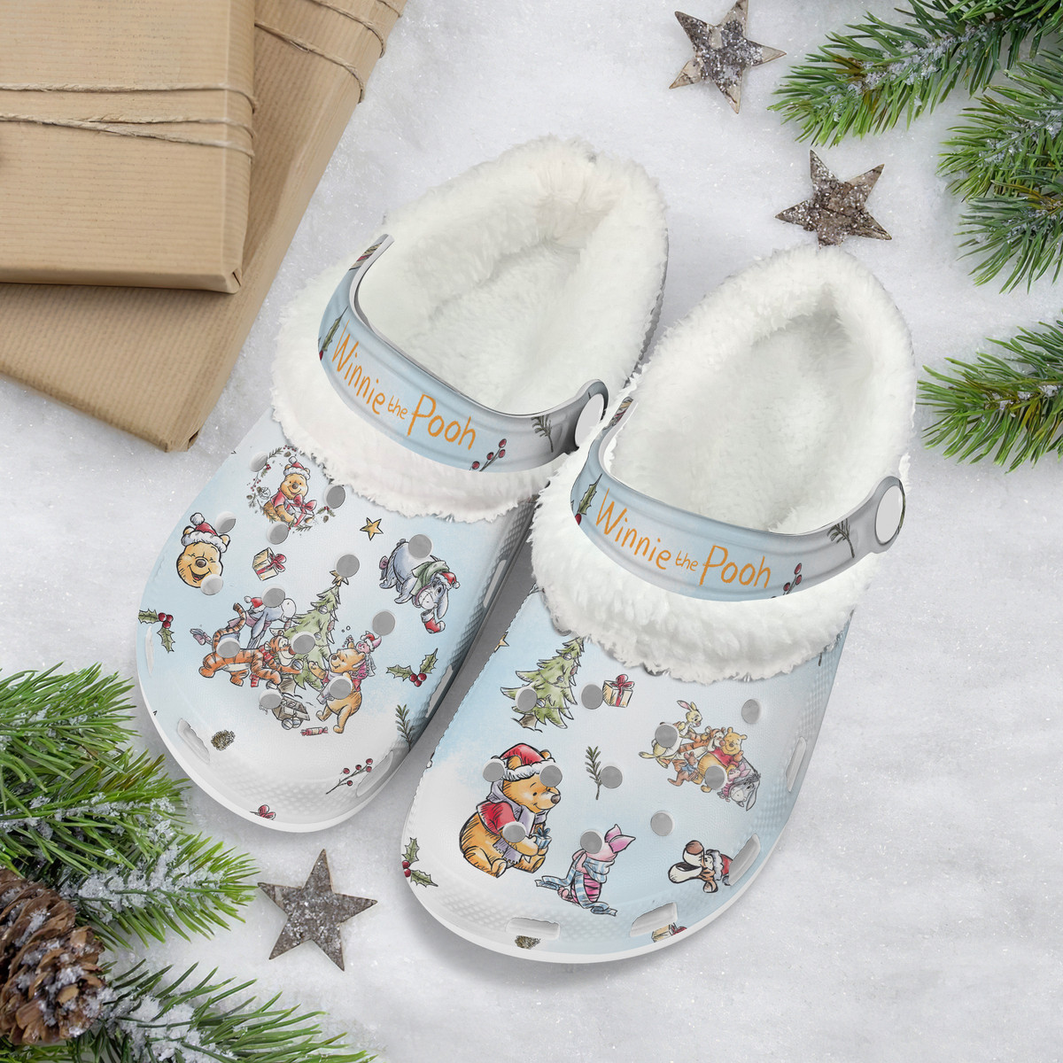 Winnie The Pooh x Christmas Crocs Crocband Fleece Lined Clogs Shoes Comfortable For Men Women and Kids In Winter