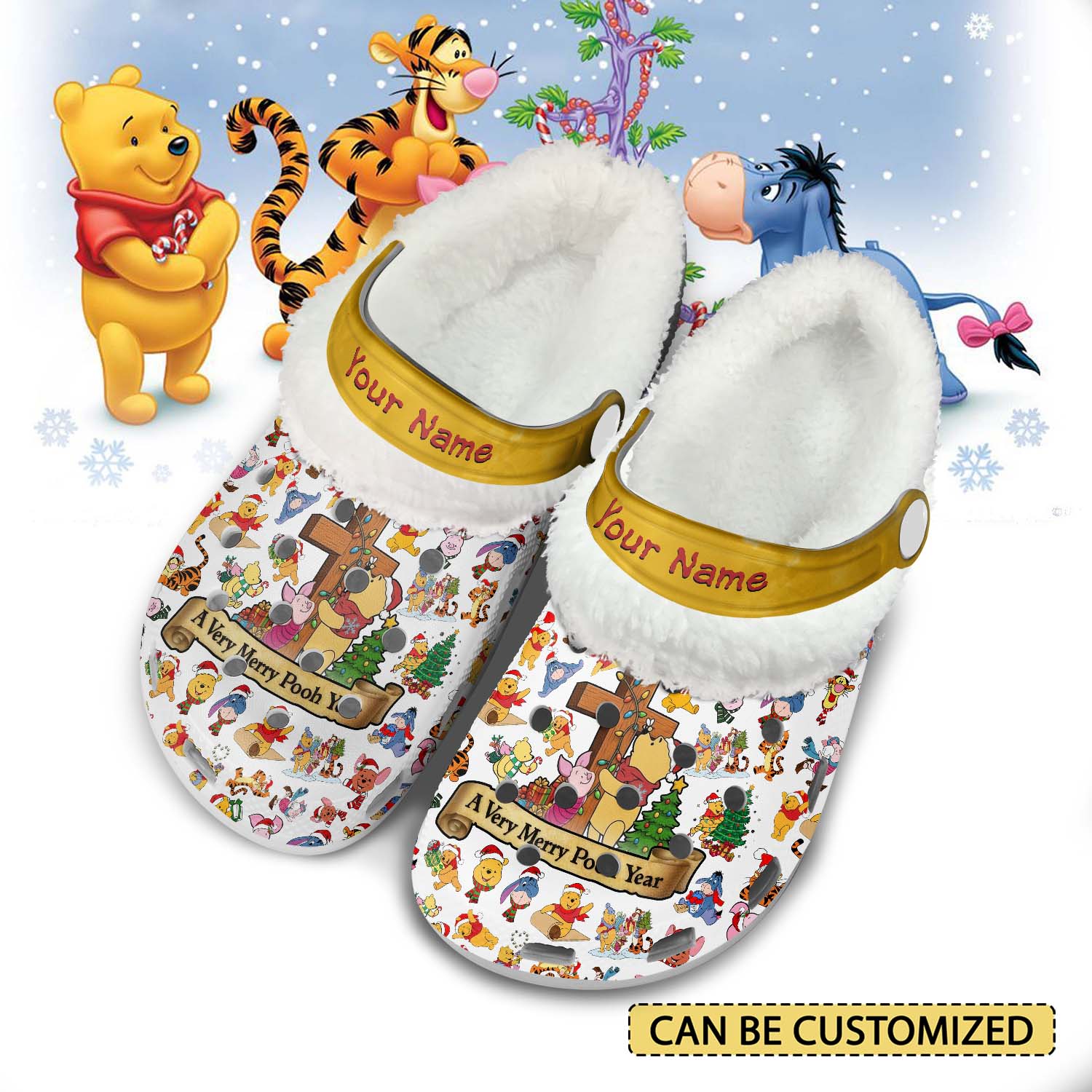 Winnie the Pooh x Christmas Crocs Crocband Fleece Lined Clogs Shoes Comfortable For Men Women and Kids In Winter