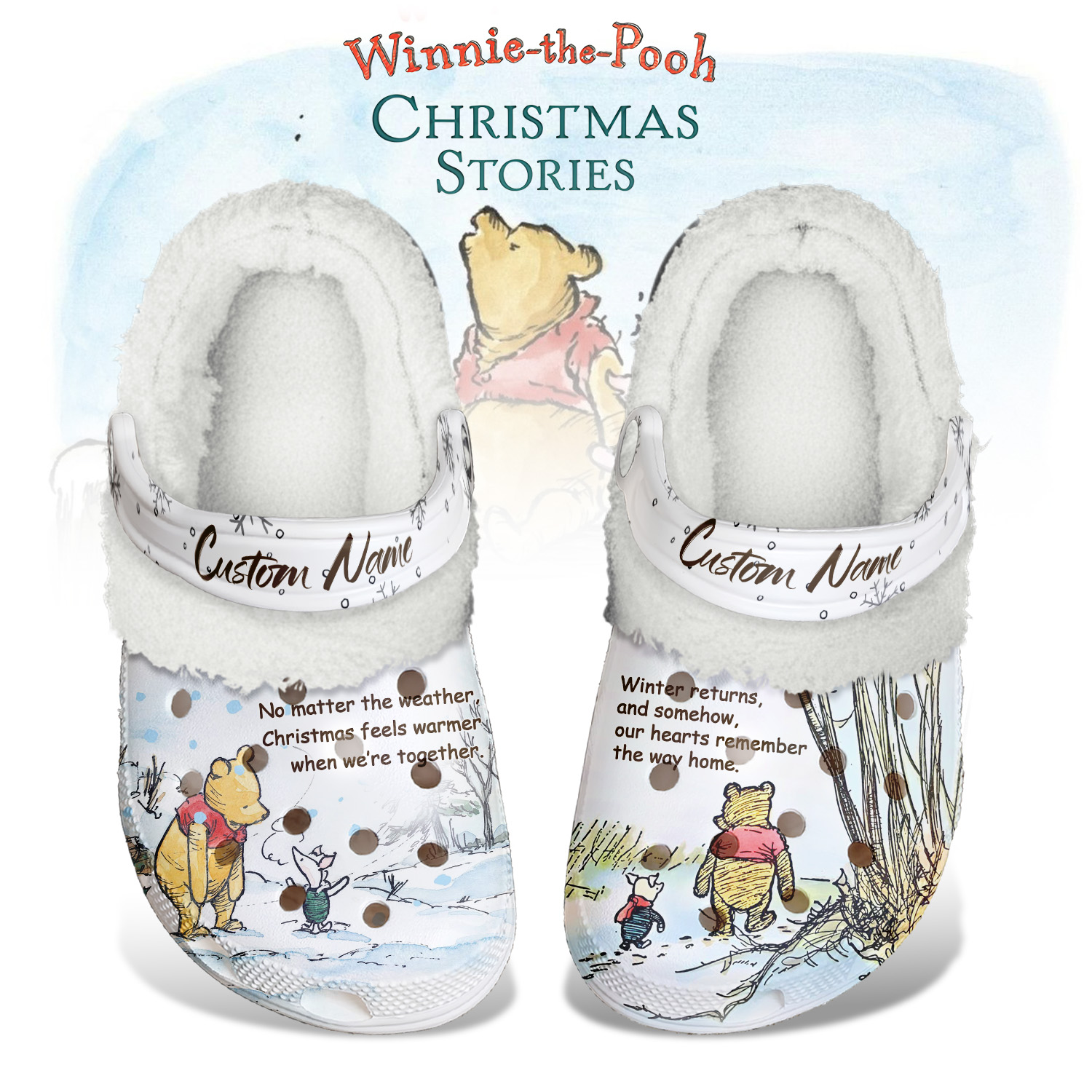 Winnie The Pooh x Christmas Crocs Crocband Fleece Lined Clogs Shoes Comfortable For Men Women and Kids In Winter
