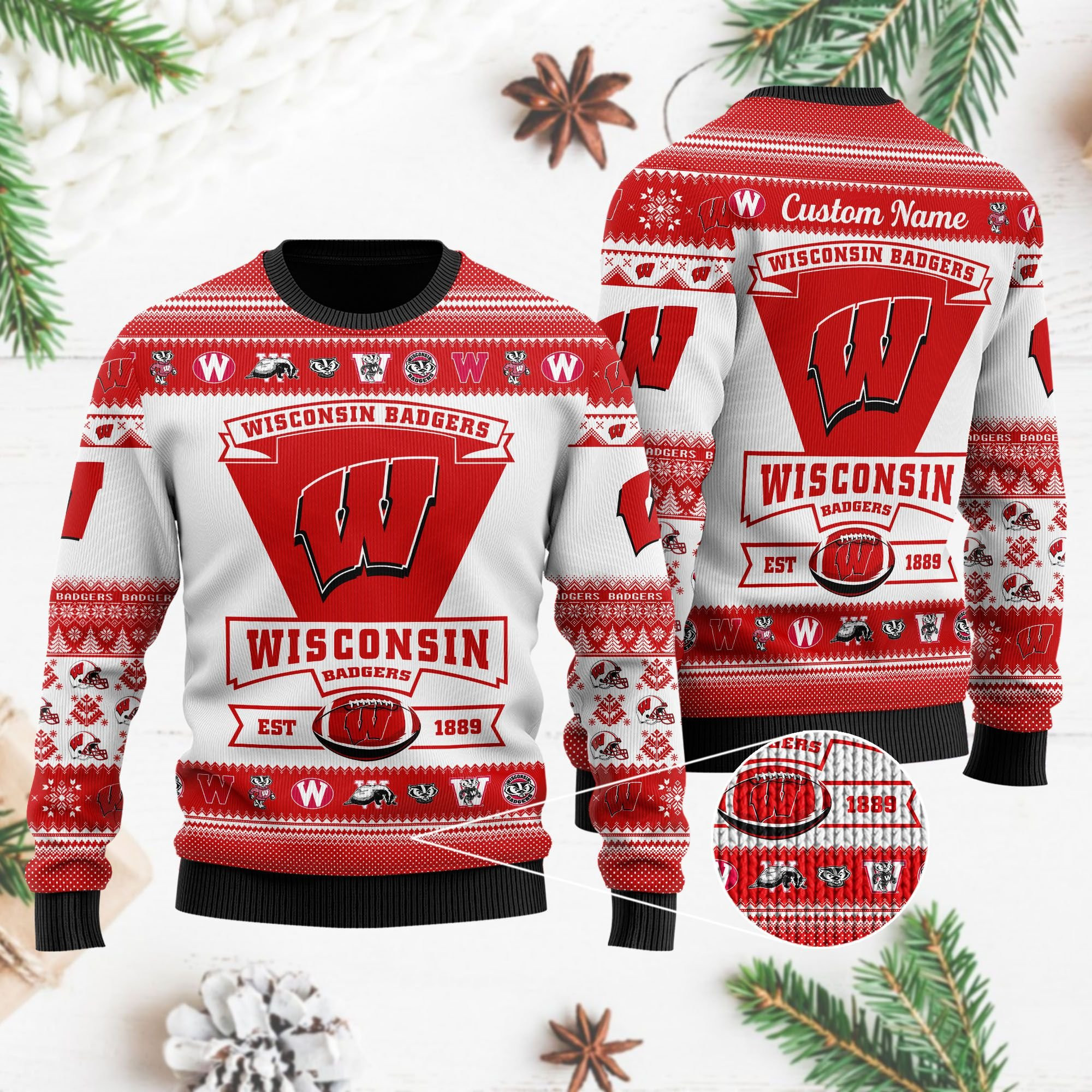 Wisconsin Badgers Football Team Logo Custom Name Personalized Ugly Christmas Sweater Adult 3D Funny Matching for family