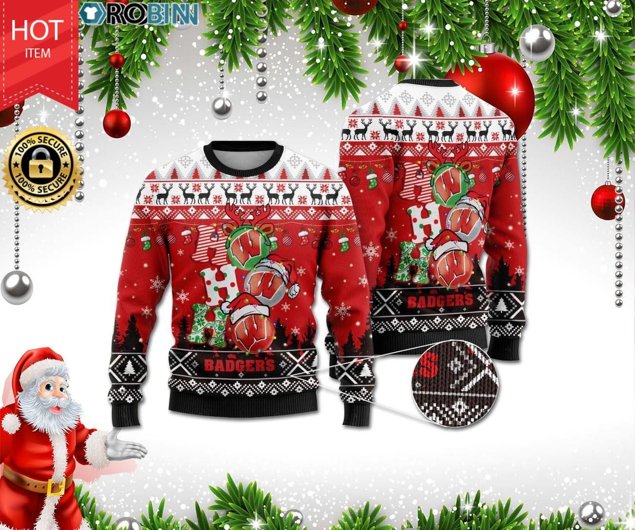 Wisconsin Badgers Ho Ho Ho Ugly Christmas Sweater Adult 3D Funny Matching for family
